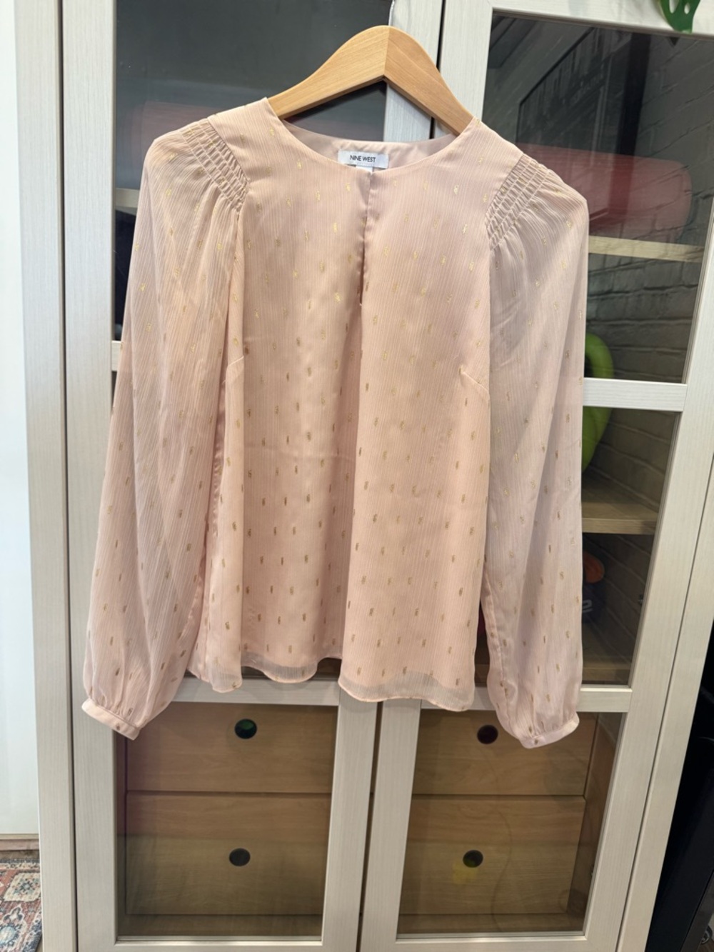 Nine West Blush Pink Sheer Long-Sleeve Blouse with Gold Dots